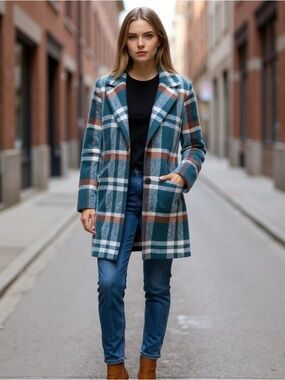 NWOT Rachel Zoe Plaid Wool Blend Coat in Teal Brown Size Medium